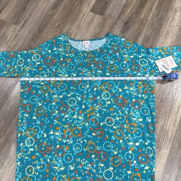 Lularoe Blouse sz:S Irma Hi Lo Tunic Teal & Orange Floral Geometric Boho Relaxed - Picture 3 of 4